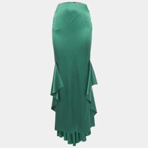 Roberto Cavalli Green Satin Ruffled High-Low Maxi Skirt M