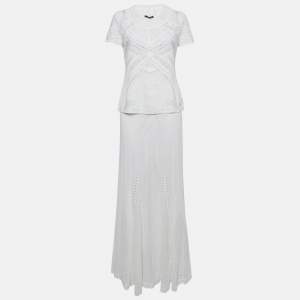 Pre Owned Roberto Cavalli White Perforated Knit Top & Maxi Skirt Set M