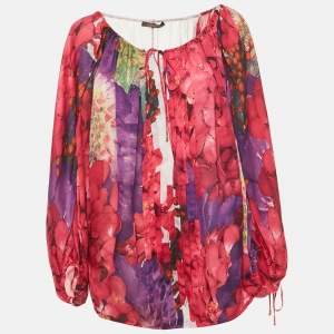 Roberto Cavalli Pink Floral Print Silk Pleated Blouse M