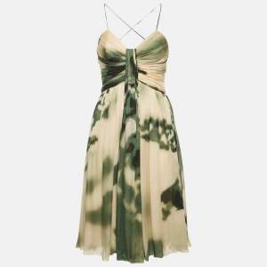 Roberto Cavalli Beige/Green Printed Silk Pleated Mini Dress S