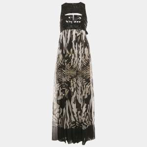 Roberto Cavalli Black Crystal Embellished Silk Maxi Dress M