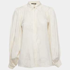 Pre Owned Roberto Cavalli Off-White Jacquard Puff Sleeve Blouse S