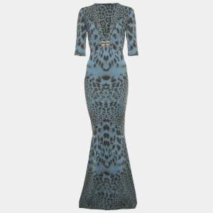 Roberto Cavalli Teal Blue Animal Printed Jersey Plunge Neck Maxi Dress S 