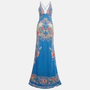 Pre Owned Roberto Cavalli Blue Floral Print Jersey Cut-Out Maxi Dress M