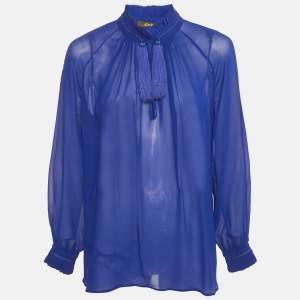 Roberto Cavalli Blue Silk Tassel Detailed Sheer Blouse S