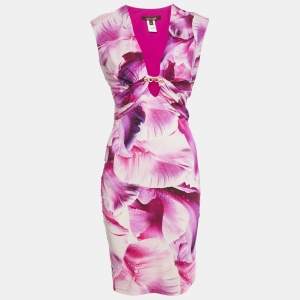 Pre Owned Roberto Cavalli Pink Floral Graphic Print Jersey Cut-Out Detail Mini Dress M