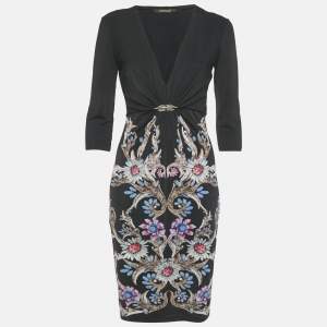 Pre Owned Roberto Cavalli Black Printed Jersey Short Dress M