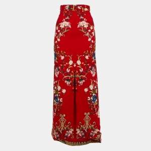 Pre Owned Roberto Cavalli Red Floral Print Crepe Slitted Maxi Skirt S
