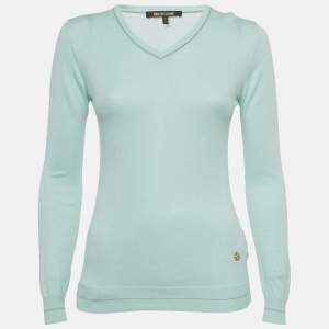Pre Owned Roberto Cavalli Blue Cotton Knit V-Neck Sweater M