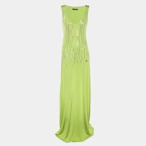 Pre Owned Roberto Cavalli Green Stretch Satin Sequin Embellished Long Dress M