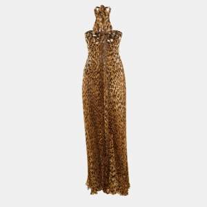 Pre Owned Roberto Cavalli Brown Animal Printed Lurex Silk Pleated Halter Neck Gown M