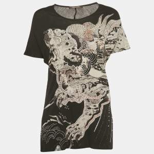 Pre Owned Roberto Cavalli Black Printed Stud Detail Jersey T-Shirt M