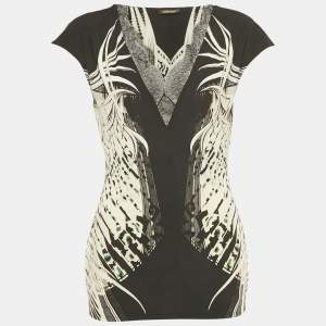 Pre Owned Roberto Cavalli Black /White Printed Lace Detail Jersey Top L