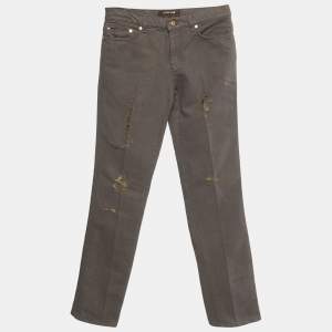 Pre Owned Roberto Cavalli Brown & Gold Denim Distressed Straight Leg Jeans S Waist 27"