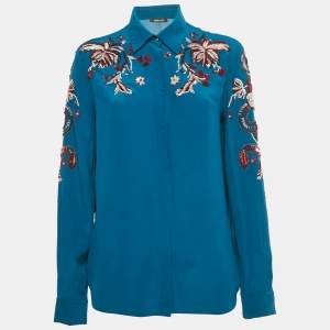Pre Owned Roberto Cavalli Blue Sequin Embroidered Silk Shirt M
