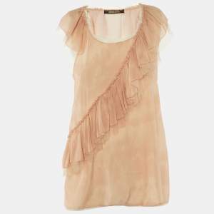 Pre Owned Roberto Cavalli Beige Tie Dye Silk Frill Detail Top S