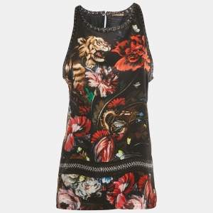 Pre Owned Roberto Cavalli Black Floral Print Silk Lace-up Leather Tank Top M
