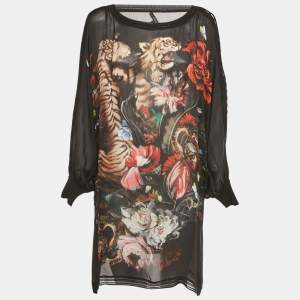 Pre Owned Roberto Cavalli Black Floral Print Silk Semi Sheer Dress M