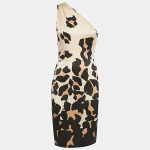 Pre Owned Roberto Cavalli Beige Printed Silk One shoulder Short  Dress S 