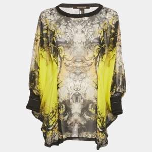 Pre Owned Roberto Cavalli Yellow /Black Printed Silk Tunic Top S 