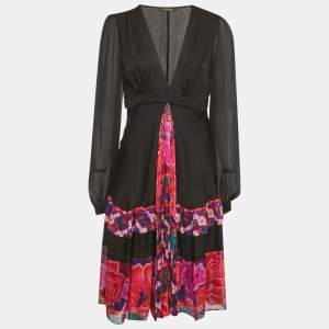 Pre Owned Roberto Cavalli Black Printed Silk Midi Dress  M