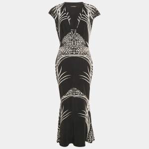 Pre Owned Roberto Cavalli Black Printed Jersey Brocch Detail Maxi Dress M