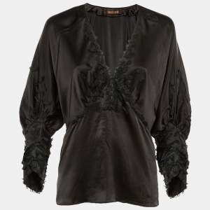 Pre Owned Roberto Cavalli Black Silk Floral Applique Detail Blouse M 