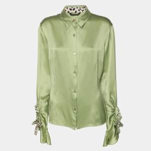Pre Owned Roberto Cavalli Green Satin Long Sleeve Tops L