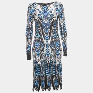 Pre Owned Roberto Cavalli Blue Printed Jersey Long Sleeve Dress M