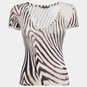 Pre Owned Roberto Cavalli Brown Animal Skin Print Jersey V-Neck Top S