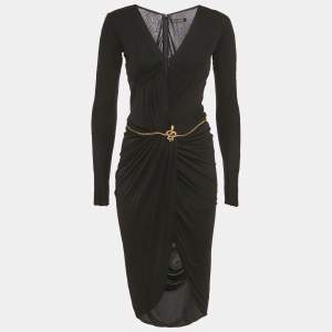 مملوكة مسبقًا Roberto Cavalli Black Jersey Draped Belt Detail Dress S