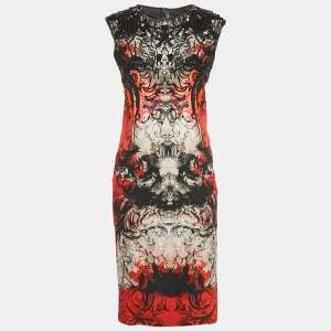 Pre Owned Roberto Cavalli Red/Black Print Crepe Beaded Sleeveless Dress M