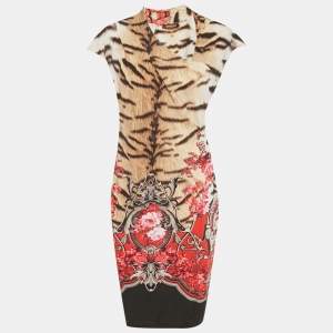 Pre Owned Roberto Cavalli Multicolor Printed Jersey Ruched Midi Dress L