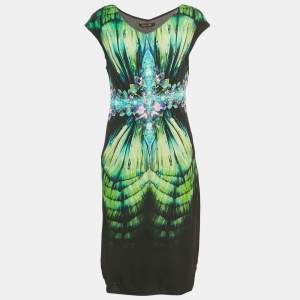 Pre Owned Roberto Cavalli Black Printed Jersey Midi Dress L