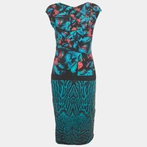 Pre Owned Roberto Cavalli Blue Printed Jersey Midi Dress L