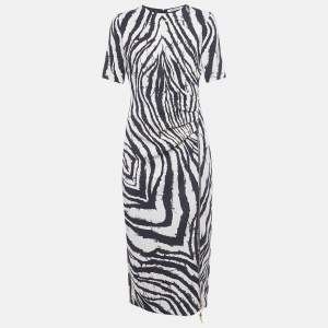 Pre Owned Roberto Cavalli White/Black Printed Crepe Midi Dress M