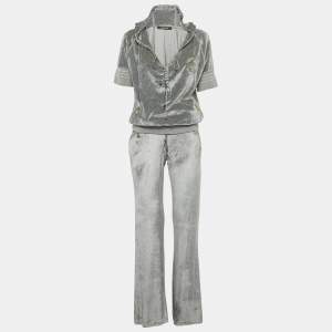 Pre Owned هودي وسروال رياضي روبيرتو كافالي مخمل رمادي مقاس كبير