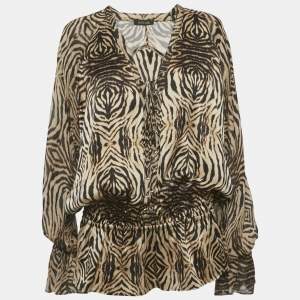 مملوكة مسبقًا Roberto Cavalli Brown Tiger Printed Silk Tie Up Detail Top L