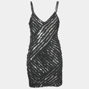 Pre Owned فستان روبيرتو كافالي حرير أسود مزين بترتر ميني مقاس وسط ( ميديام )