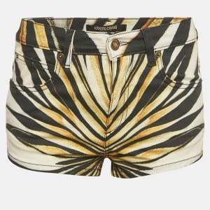 Pre Owned Roberto Cavalli Yellow Ray Of Gold Print Denim Shorts S/Waist 27"
