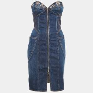 Pre Owned Roberto Cavalli Blue Denim Embellished Bustier Mini Dress S
