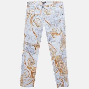 Pre Owned بنطلون جينز روبرتو كافالي مطبوع قطني نحيف أبيض/أصفر XS خصر 28 بوصة