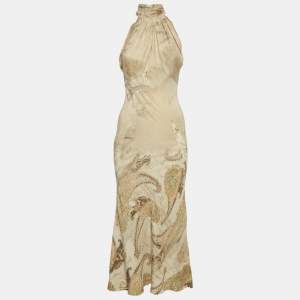 Pre Owned Roberto Cavalli Beige Paisley Print Silk Neck Tie Detail Dress XS 