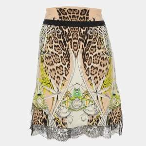 Pre Owned تنورة روبيرتو كافالي ميني دانتيل وكريب مطاطي متعدد الألوان مقاس متوسط