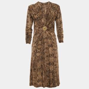 Pre Owned Roberto Cavalli Brown Snakeskin Print Jersey Embellished Midi Dress L