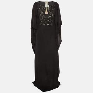 Pre Owned Roberto Cavalli Black Silk Embroidered Maxi Kaftan M