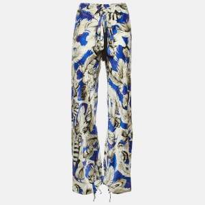 Pre Owned Roberto Cavalli Blue Feather Print Satin Wide Leg Trousers M