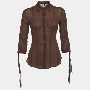 مملوكة مسبقًا Roberto Cavalli Brown Silk Sheer Fringe Detail Shirt M