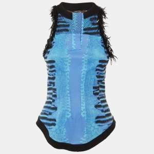 مملوكة مسبقًا Roberto Cavalli Blue Printed Cotton Sequin Detail Sleeveless Top S