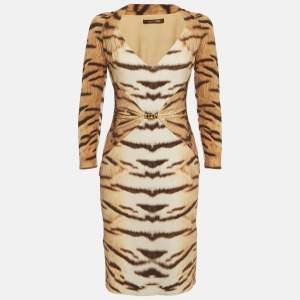 Pre Owned Roberto Cavalli Brown Tiger Print Jersey Sheath Mini Dress M